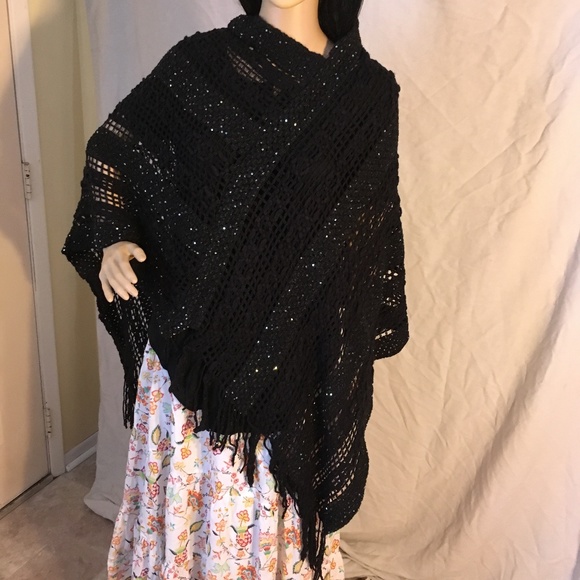 Riah Fashions Sweaters - Riah Fashion Woman crochet black fringe poncho OS Riah Fashions Sweaters - Riah Fashion Woman crochet black fringe poncho OS